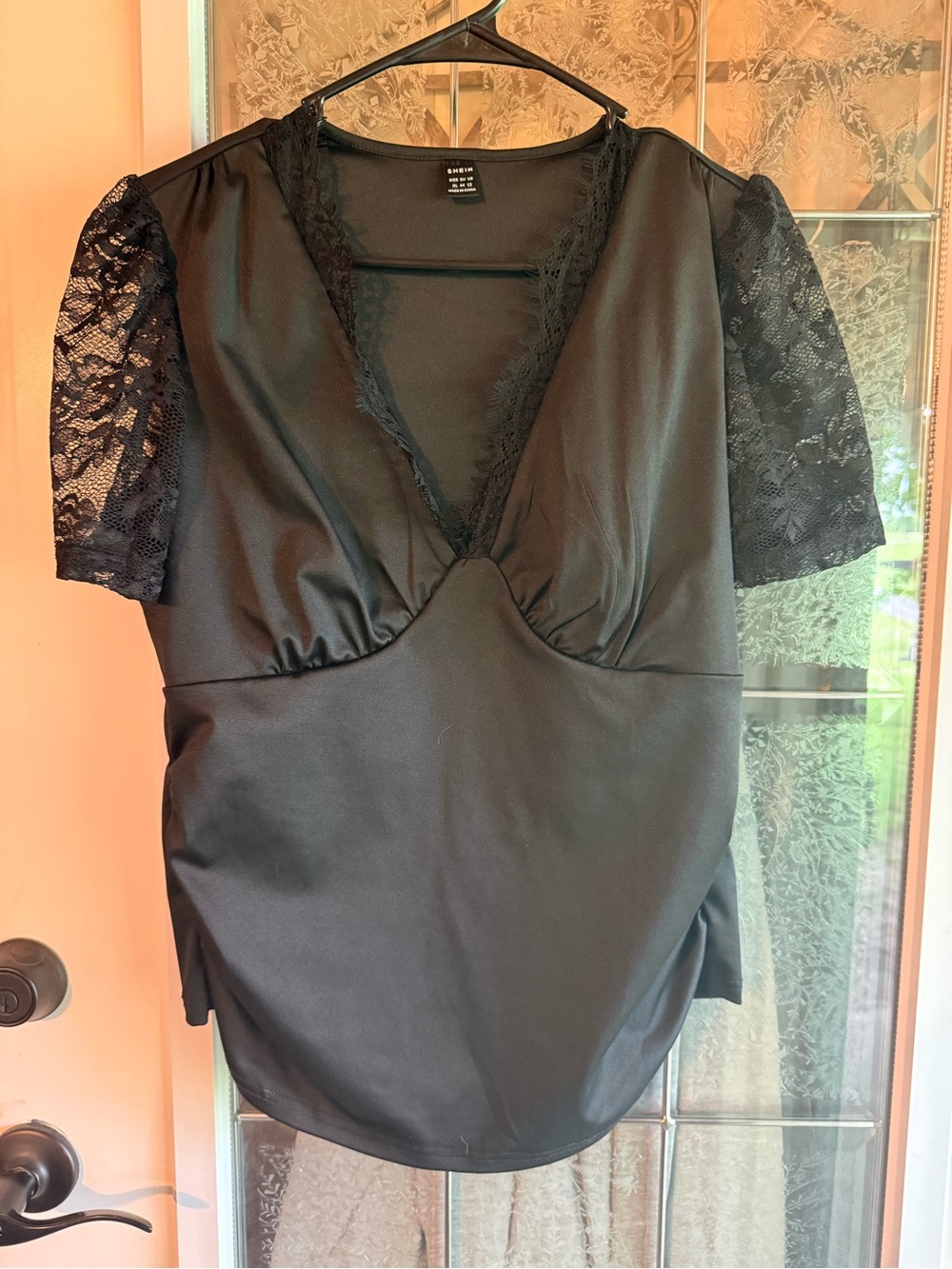 SHEIN Black Lace Sleeve V-Neck Blouse